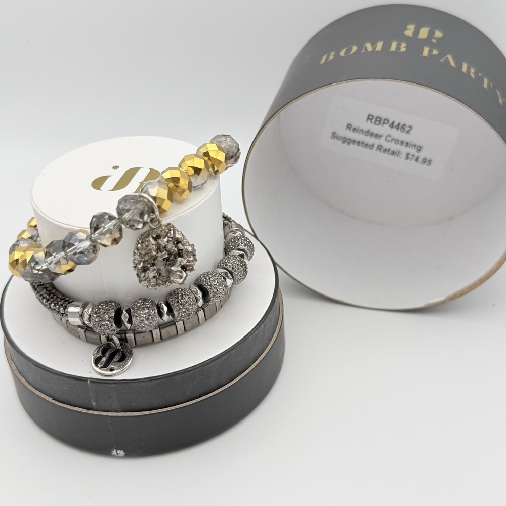 Bomb Party Reindeer Crossing Bracelet Stack RBP4462 Silver Gold Hematite 3pc Set